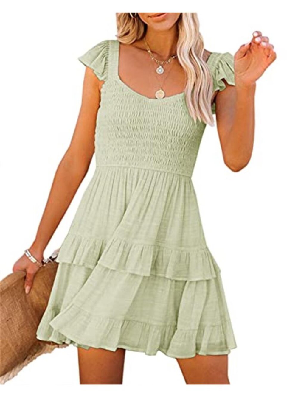 Smocked Boho Babydoll Mini Dress Ruffle Tiered Flowy Swing Beach Sun Green